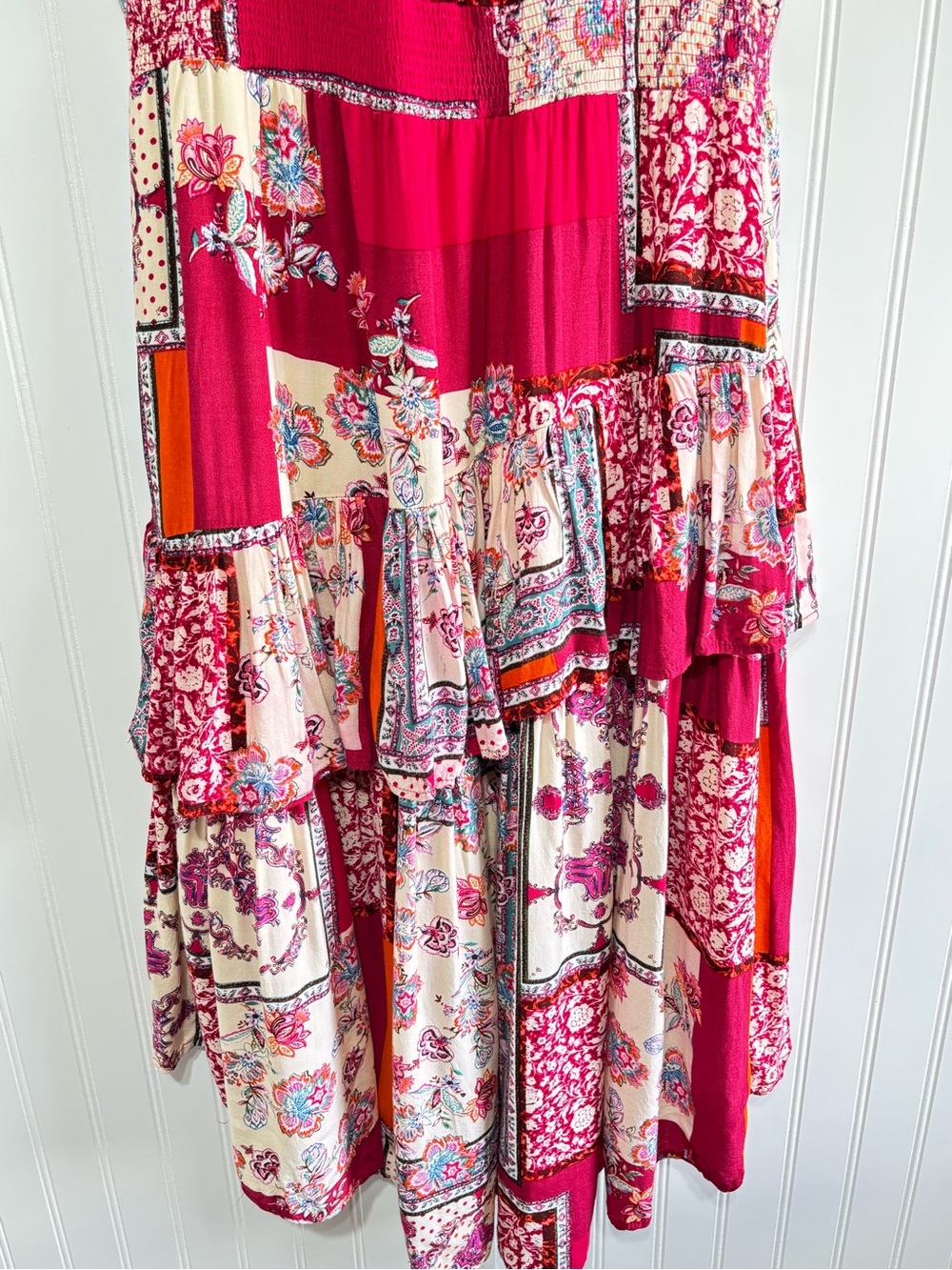 Lapis Patchwork Boho Tiered Ruffle Midi Dress Pink Floral Size Large - Picture 4 of 16